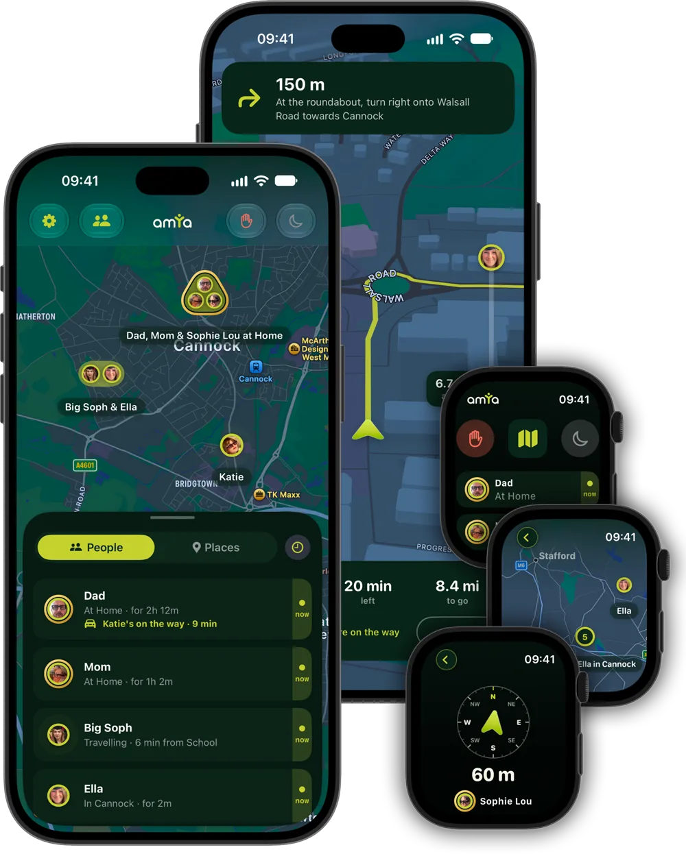 Amya on iPhone and Apple Watch: the family map and people list around Cannock, turn-by-turn navigation to a moving person, and the Watch's family list, map and walking finder